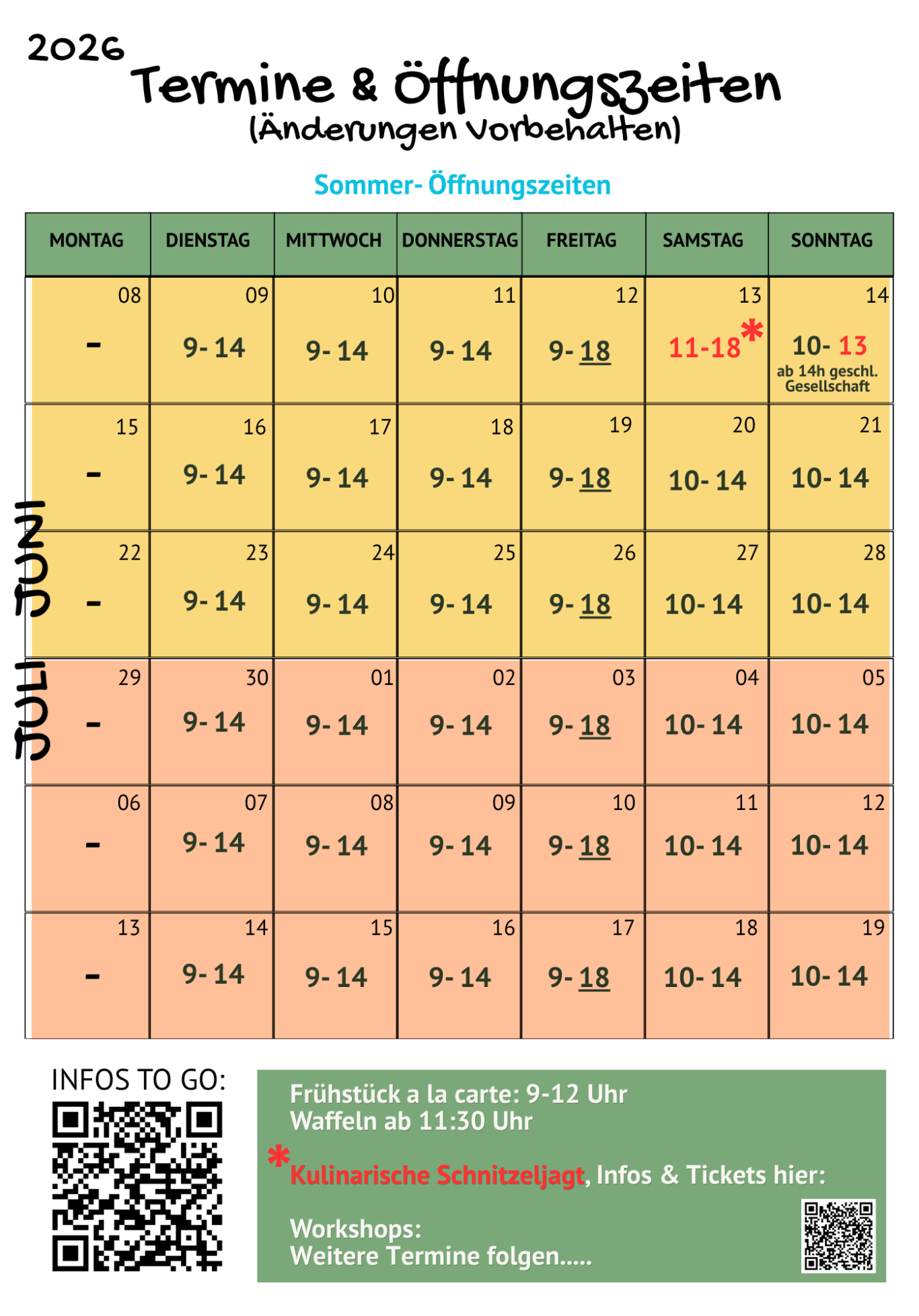 Termine & Öffnungszeiten
August / September 2025
