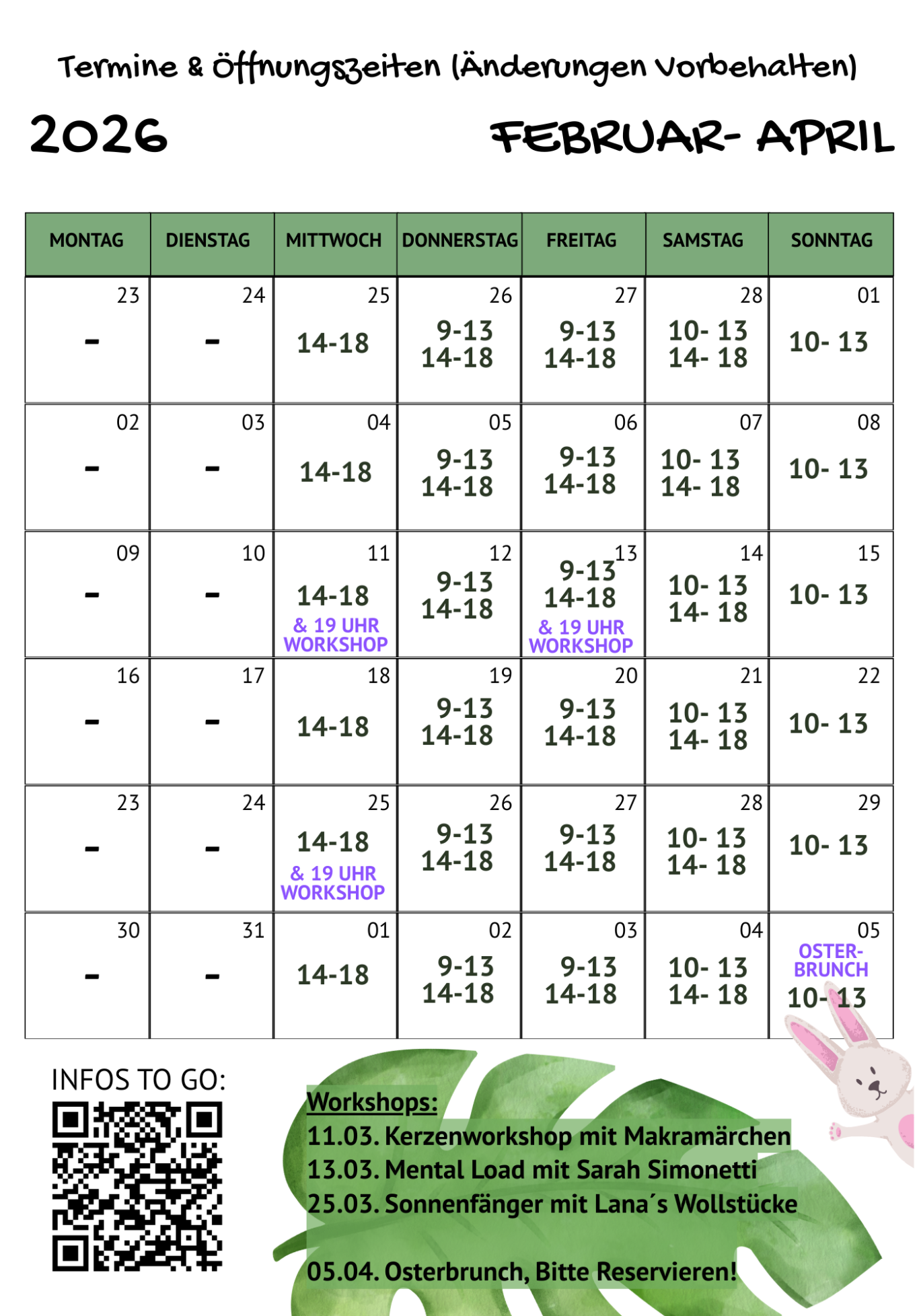 Termine & Öffnungszeiten
August / September 2025
